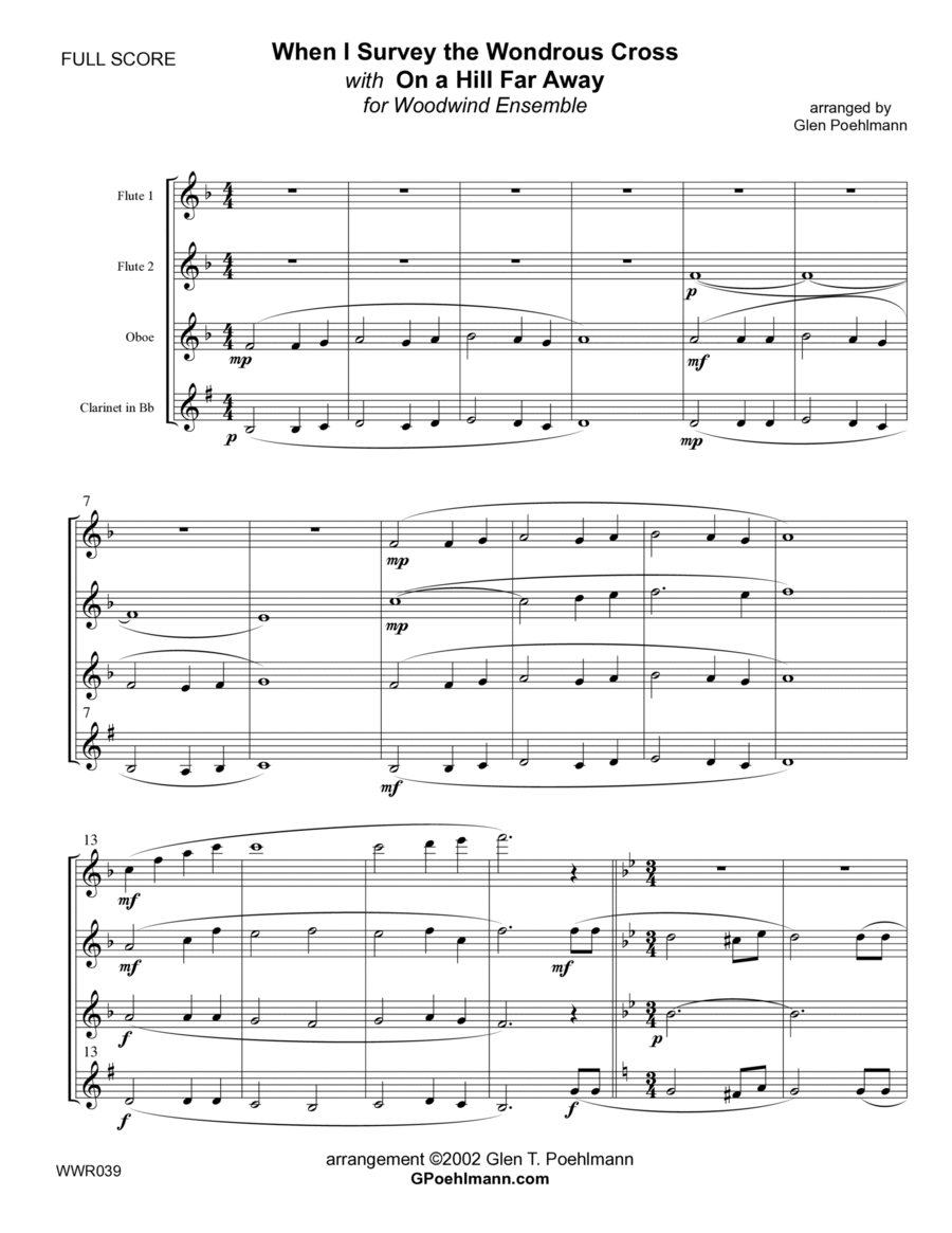WHEN I SURVEY THE WONDROUS CROSS + ON A HILL FAR AWAY (Old Rugged Cross) 2 Flutes, Oboe & Clarinet Woodwind Quartet scores gallery preview page 1