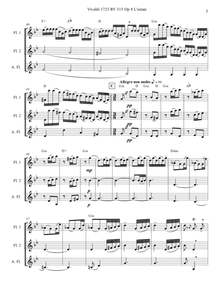 Vivaldi 1723 RV 315 Op 8 Summer Trio 3 Flutes Parts and Score