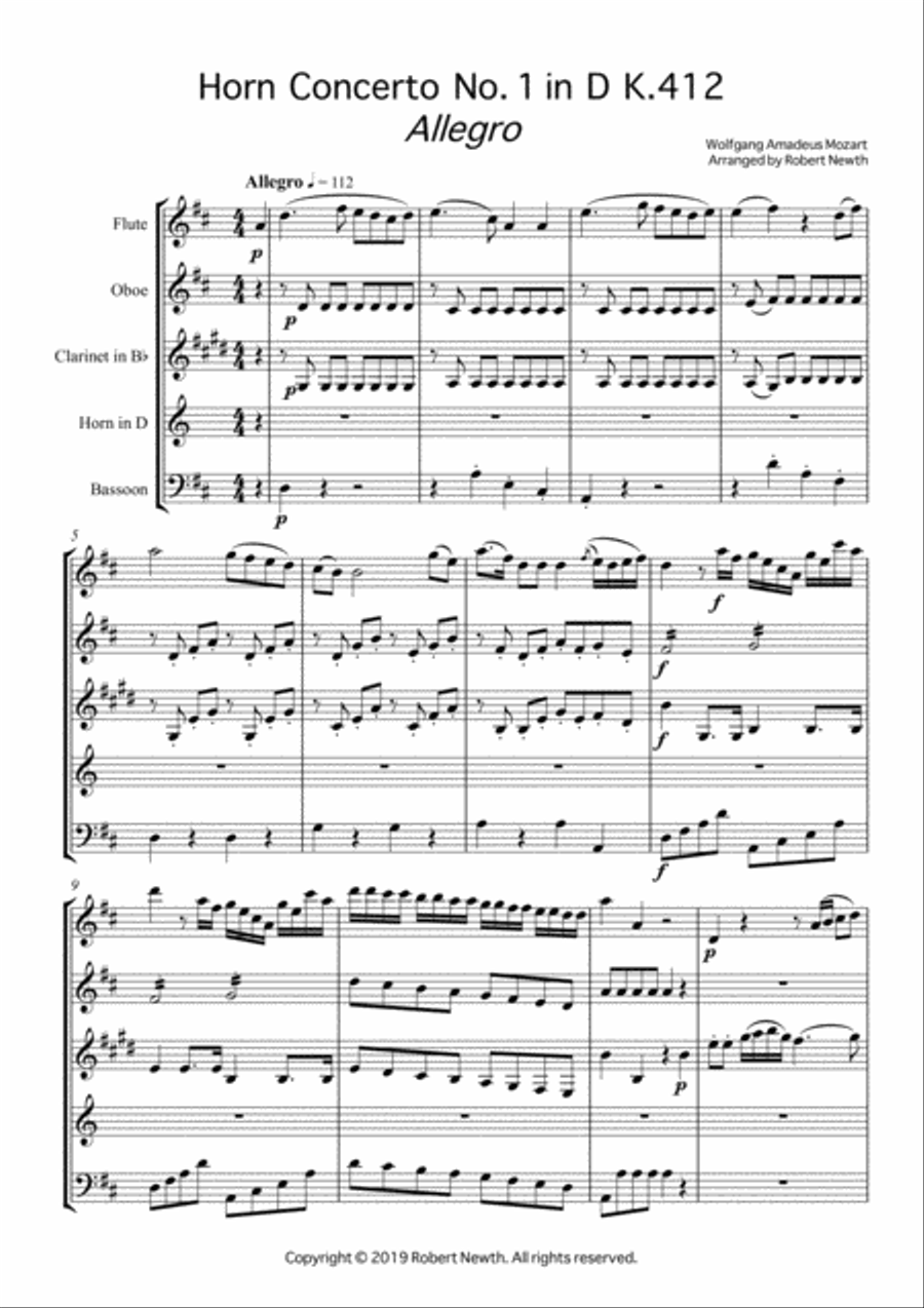 Mozart Horn Concerto No. 1 in D K412 (for Wind Quintet) Woodwind Quintet scores gallery preview page 2