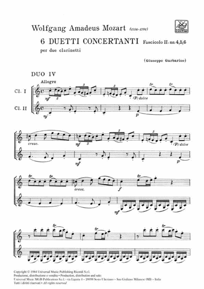 6 Duetti Concertanti Per 2 Clarinetti