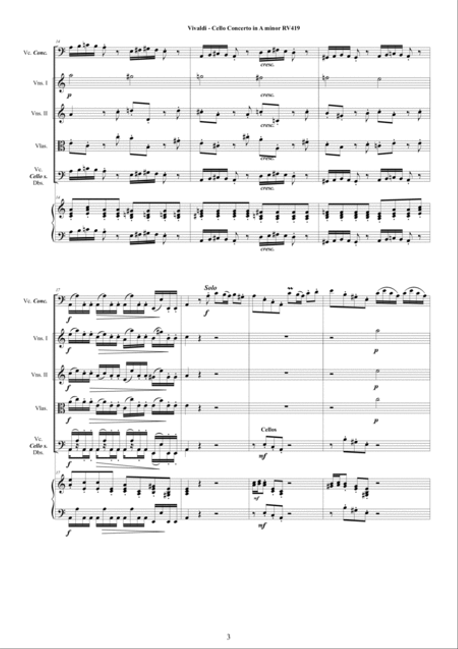 Vivaldi - Cello Concerto in A minor RV419 for Cello, Strings and Cembalo Chamber Orchestra scores gallery preview page 3