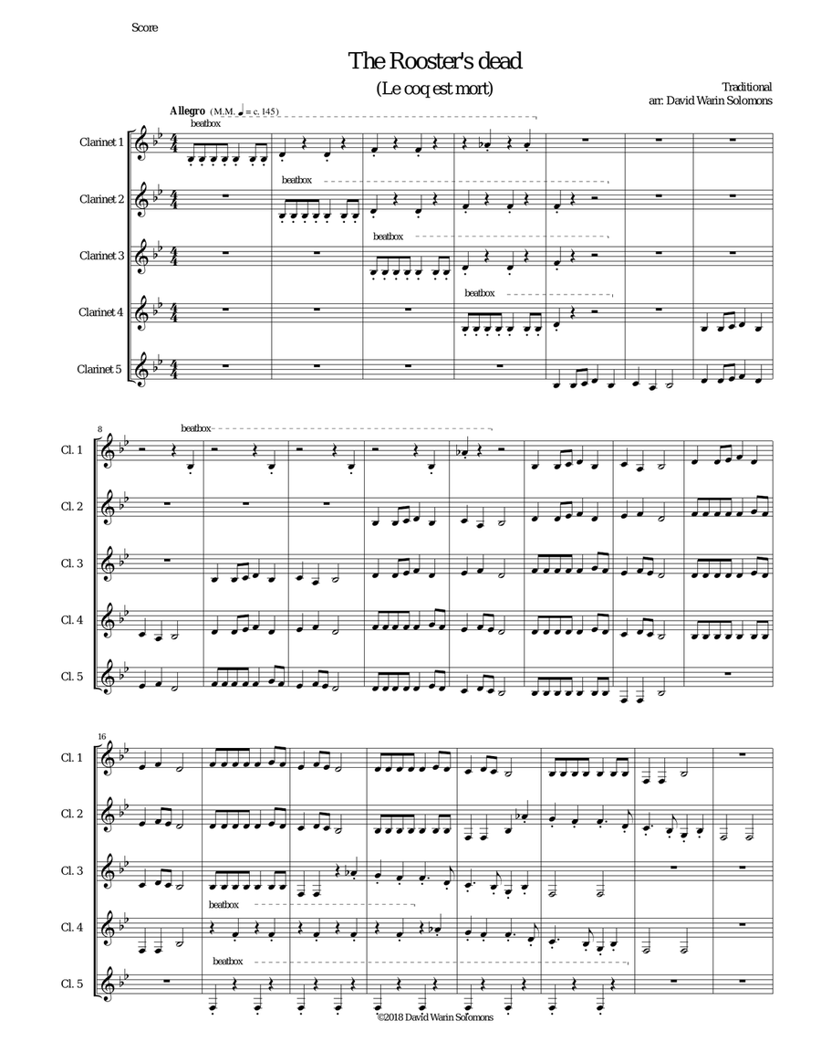 The Rooster's Dead (Le coq est mort) canon for 5 clarinets with beatboxing Clarinet Quintet scores gallery preview page 1