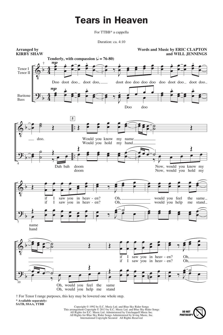 Tears In Heaven (arr. Kirby Shaw) TTBB scores gallery preview page 1
