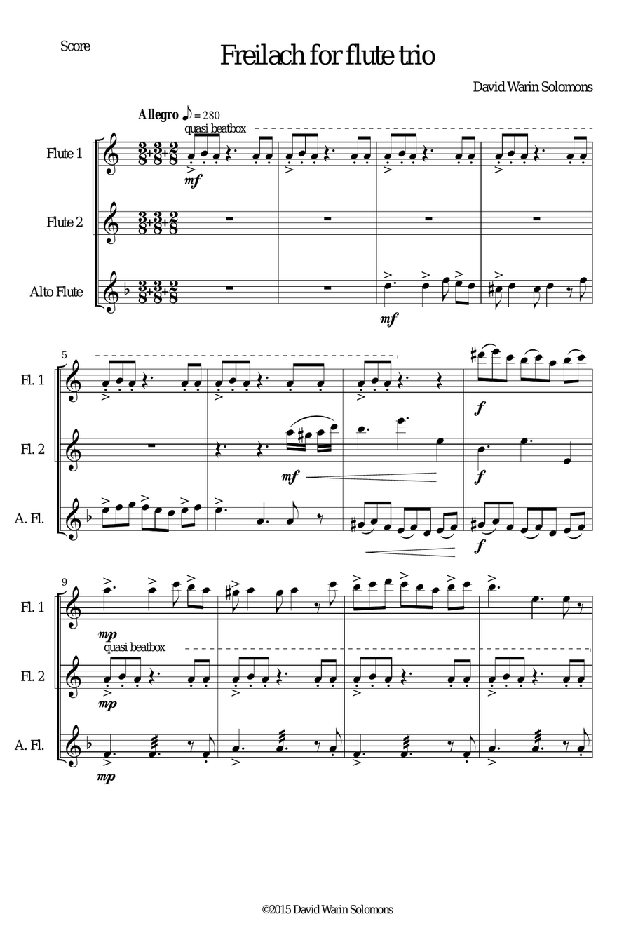 Freilach (Fraylach) for flute trio (2 flutes and 1 alto flute)