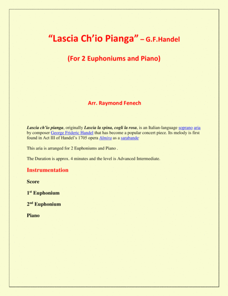 Lascia Ch'io Pianga - From Opera 'Rinaldo' - G.F. Handel ( 2 Euphoniums and Piano) image number null