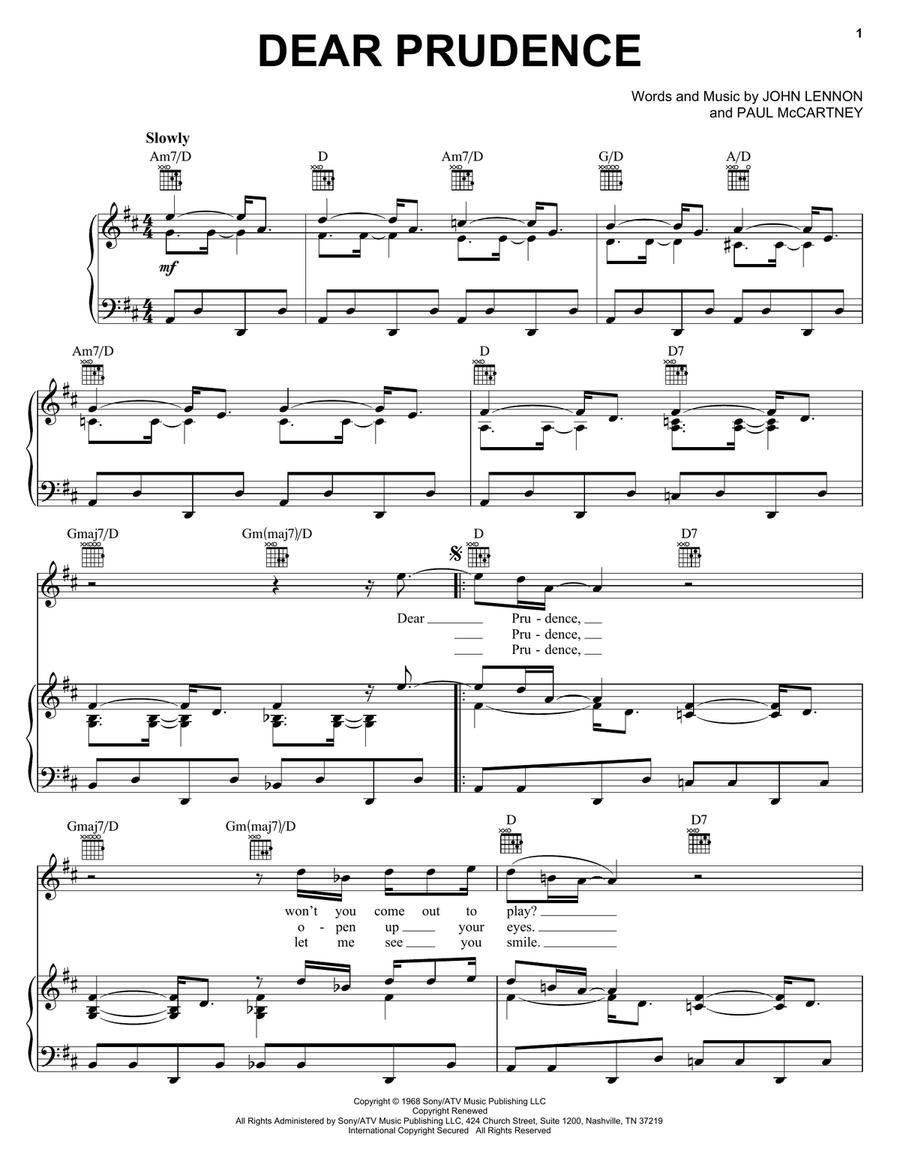 Dear Prudence Piano, Vocal, Guitar scores gallery preview page 1