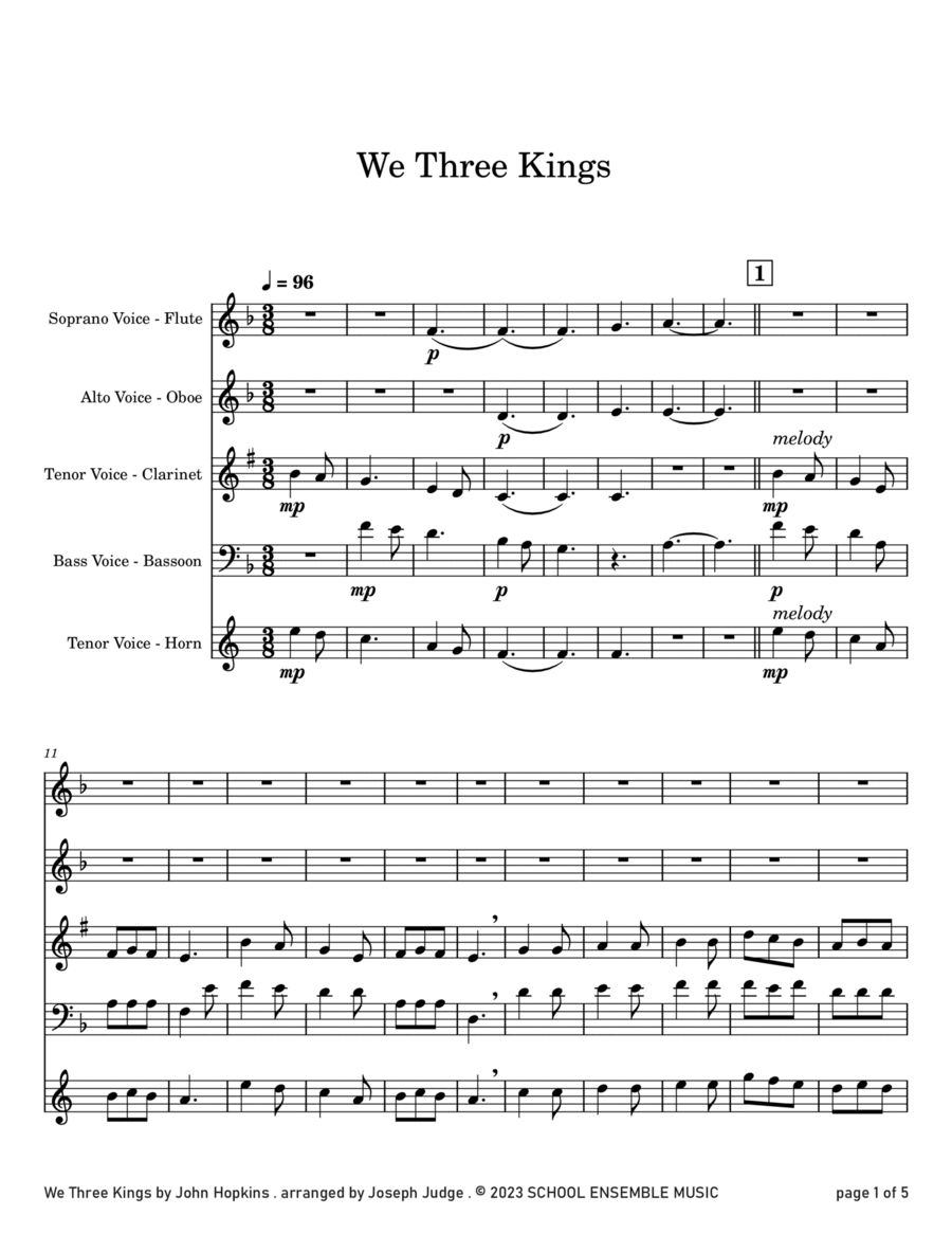 We Three Kings for Woodwind Quartet in Schools Woodwind Quartet scores gallery preview page 1