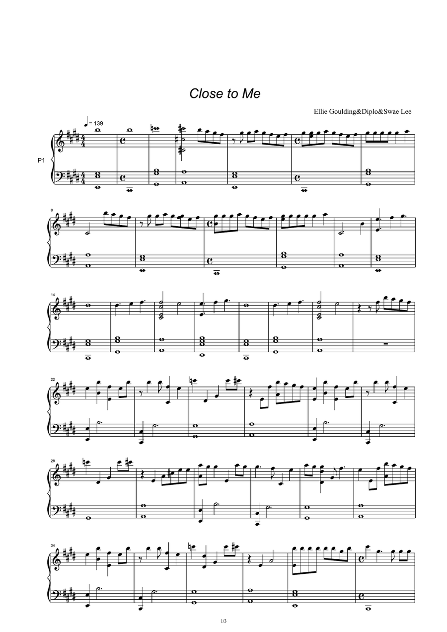 Close To Me Piano Solo scores gallery preview page 1