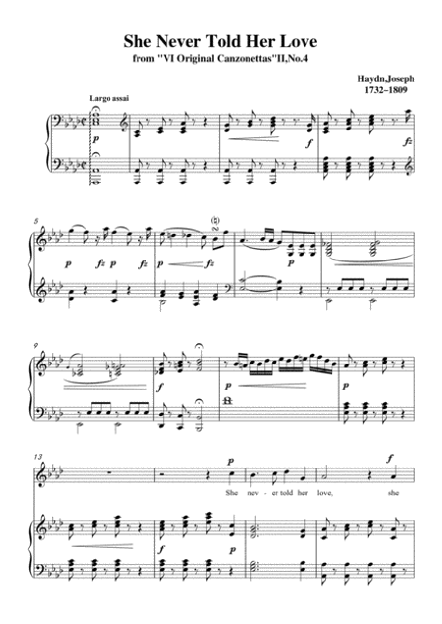 Haydn-She Never Told Her Love in A flat Major, for Voice and Piano Voice Solo scores gallery preview page 3
