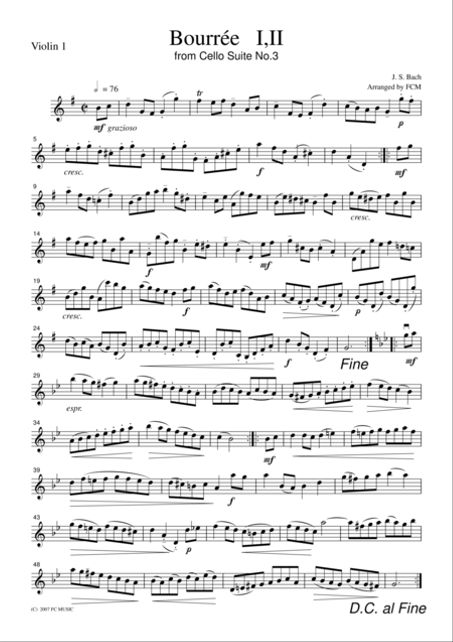 J.S.Bach Bourree I,II from Cello Suite No.3, for string quartet, CB219 String Quartet scores gallery preview page 1