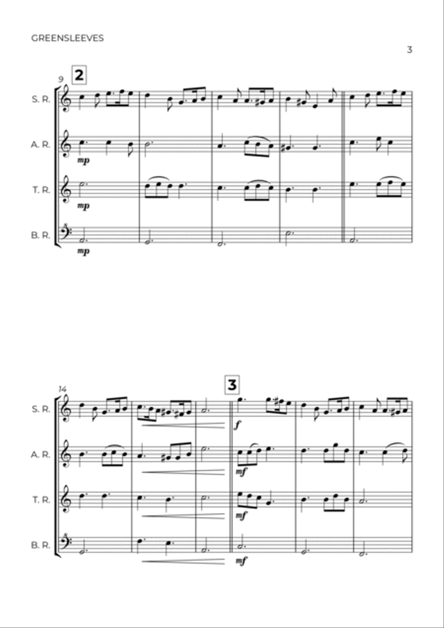 GREENSLEEVES - ANONYMUS – RECORDER QUARTET Soprano Recorder scores gallery preview page 3