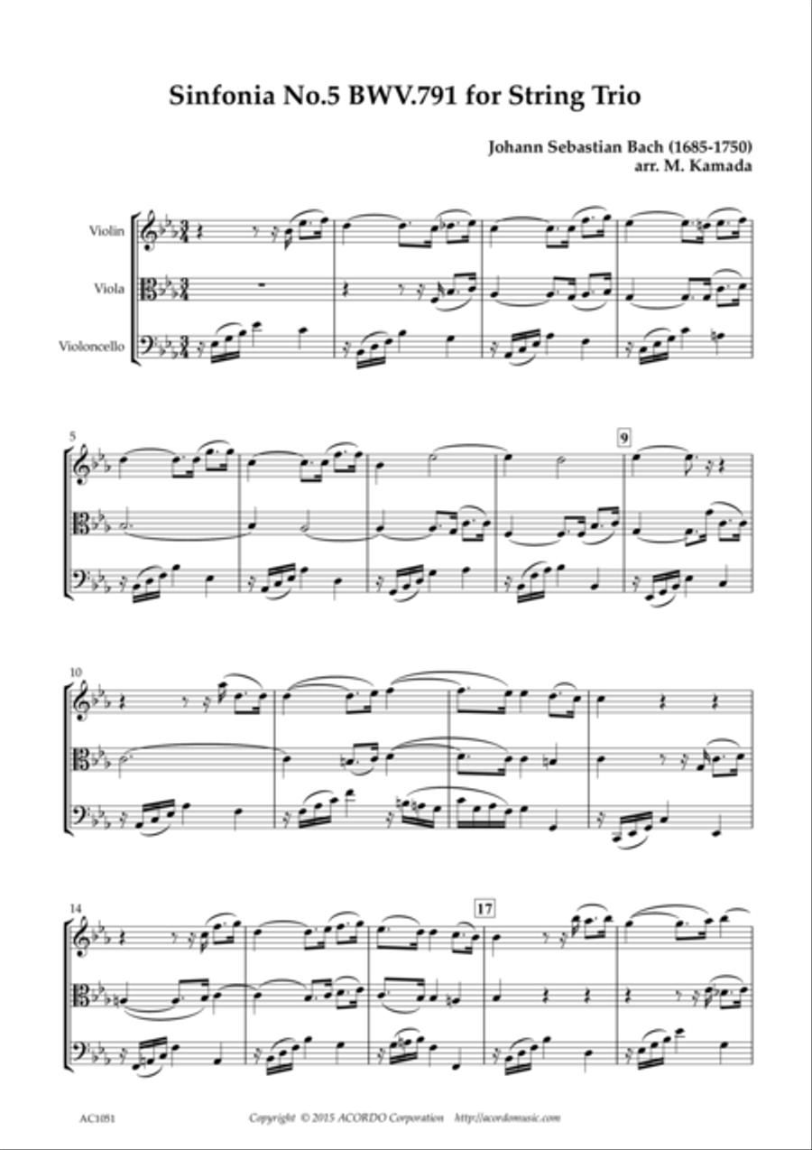 Sinfonia No.5 BWV.791 for String Trio String Trio scores gallery preview page 1
