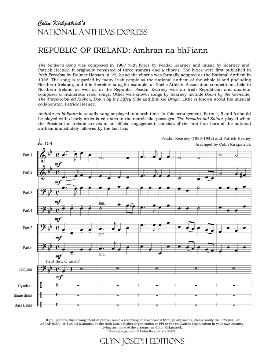 Republic of Ireland National Anthem: Amhrán na bhFiann Large Ensemble scores gallery preview page 4