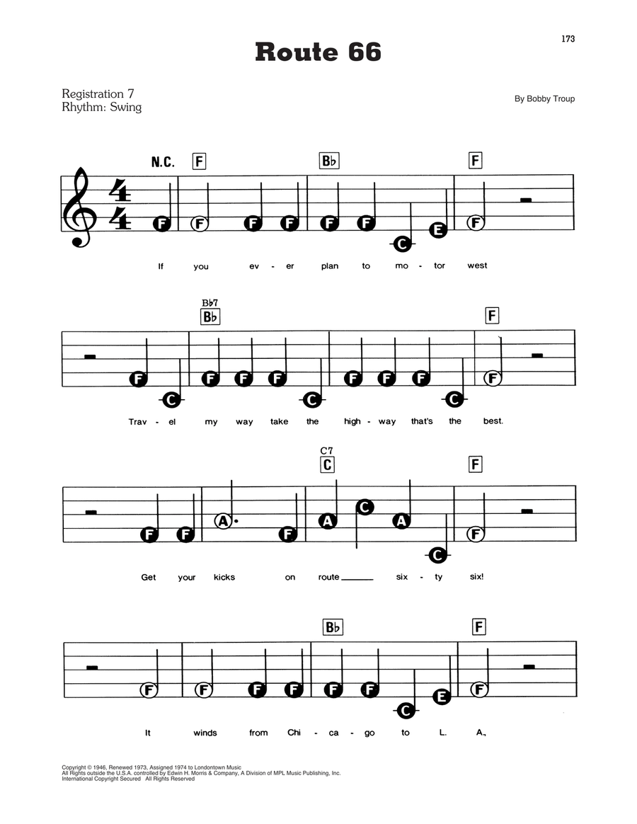 Route 66 [Easy version] Electronic Keyboard scores gallery preview page 1