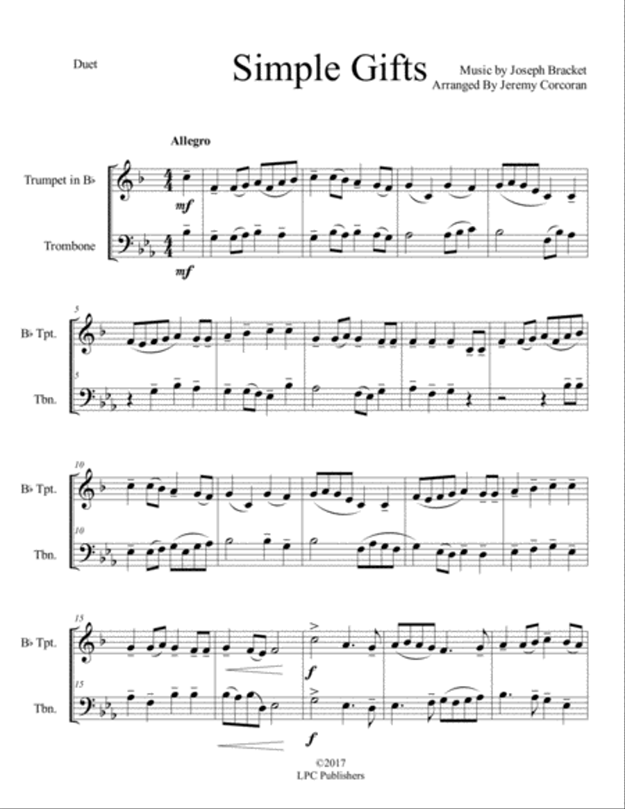 Simple Gifts for Trumpet and Trombone Brass Duet scores gallery preview page 2