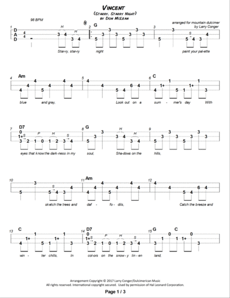Vincent (Starry Starry Night) Dulcimer scores gallery preview page 2