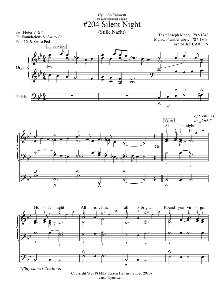 Silent Night (Stille Nacht) ORGAN SOLO or CONGREGATIONAL ACCOMPANIMENT Organ Solo scores gallery preview page 1