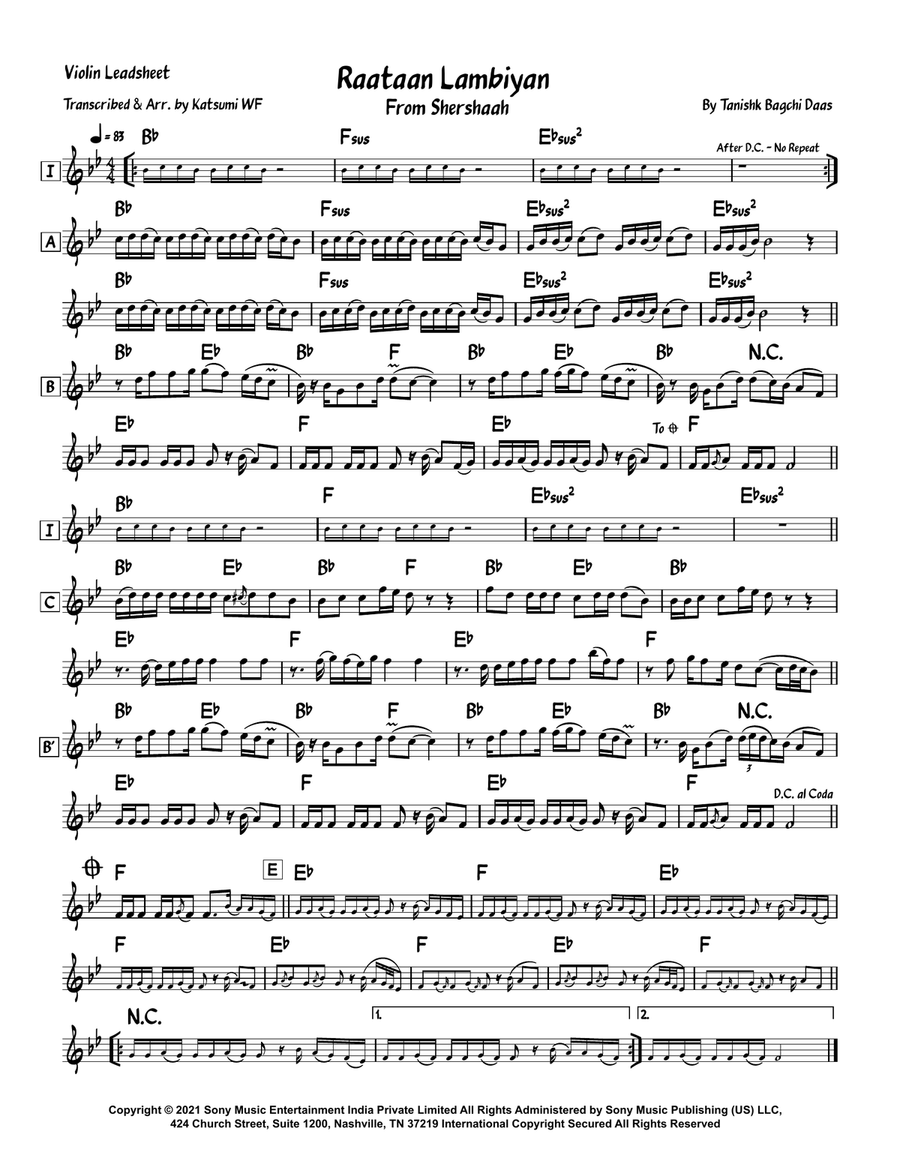 Raataan Lambiyan Violin Solo scores gallery preview page 1