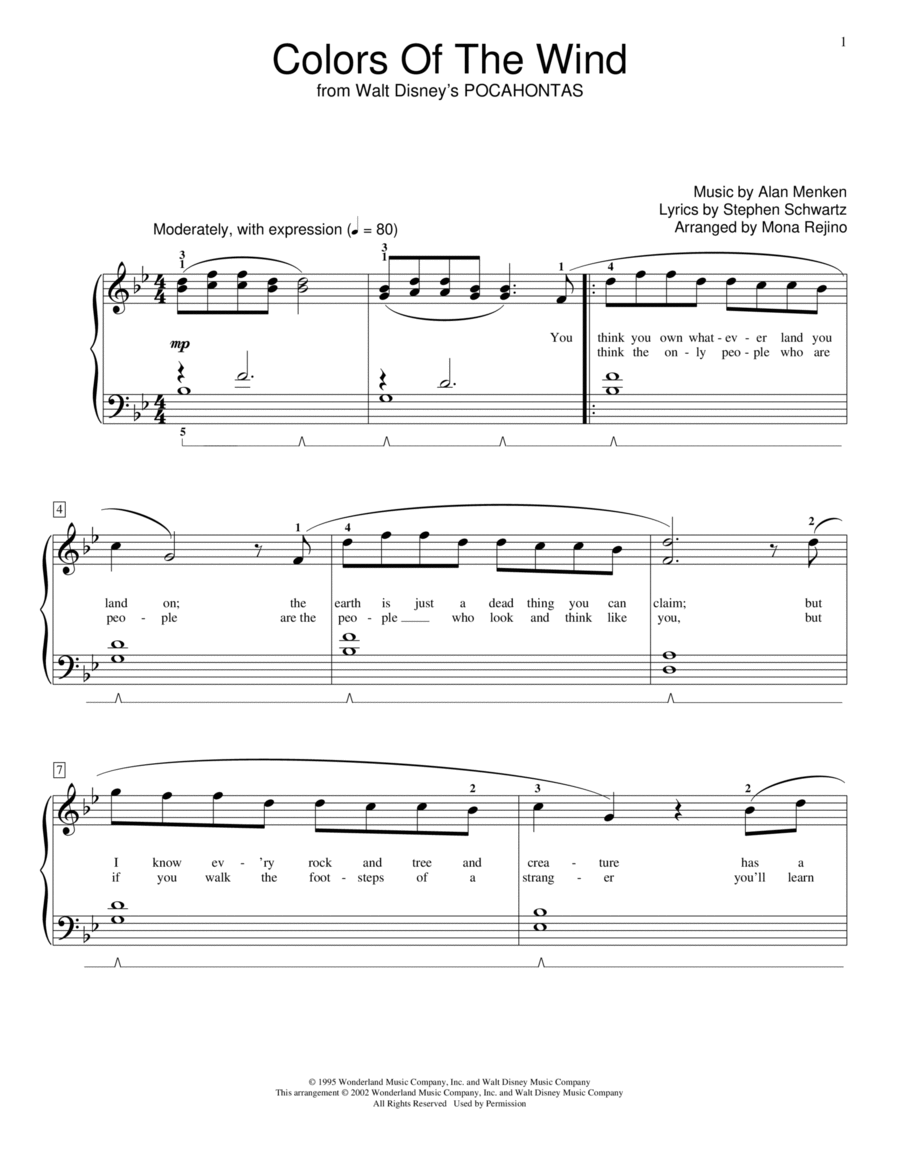 Colors Of The Wind (from Pocahontas) (arr. Mona Rejino) Piano Method scores gallery preview page 1