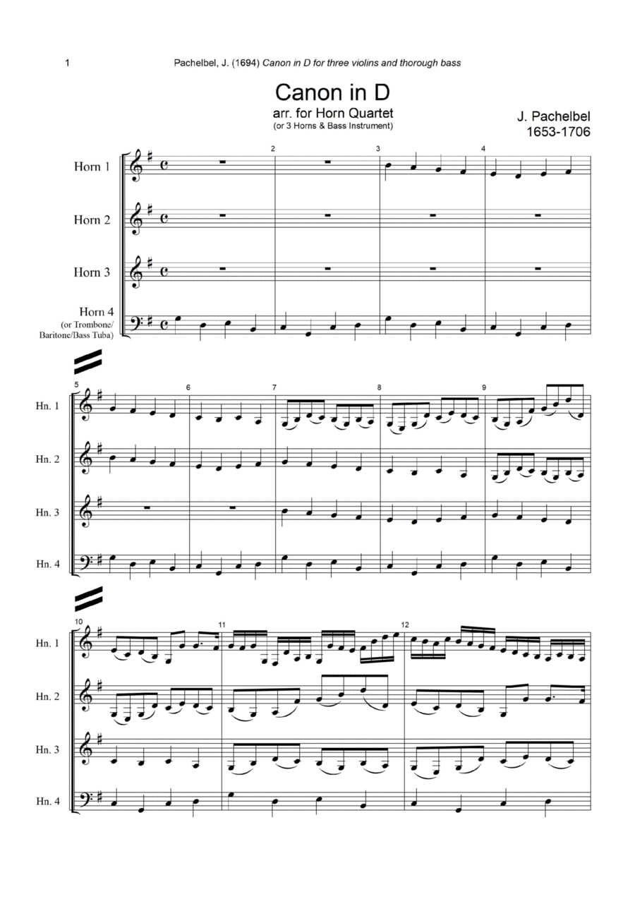 J. Pachelbel - Canon in D-dur, arr. for Horn Quartet (or 3 Horns & Bass Instrument) Brass Ensemble scores gallery preview page 1