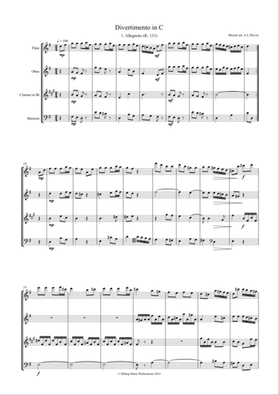 Mozart Divertimento in C arr. Woodwind Quartet Woodwind Quartet scores gallery preview page 1