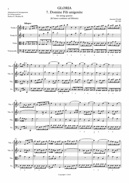 Vivaldi - RV 589, GLORIA - 7. Domine Fili Unigenite, for string quartet image number null
