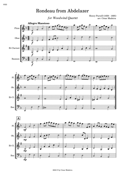 Rondeau from Abdelazer - Woodwind Quartet (Full Score and Parts) image number null