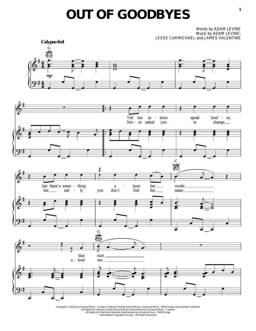 Out Of Goodbyes Piano, Vocal, Guitar scores gallery preview page 1