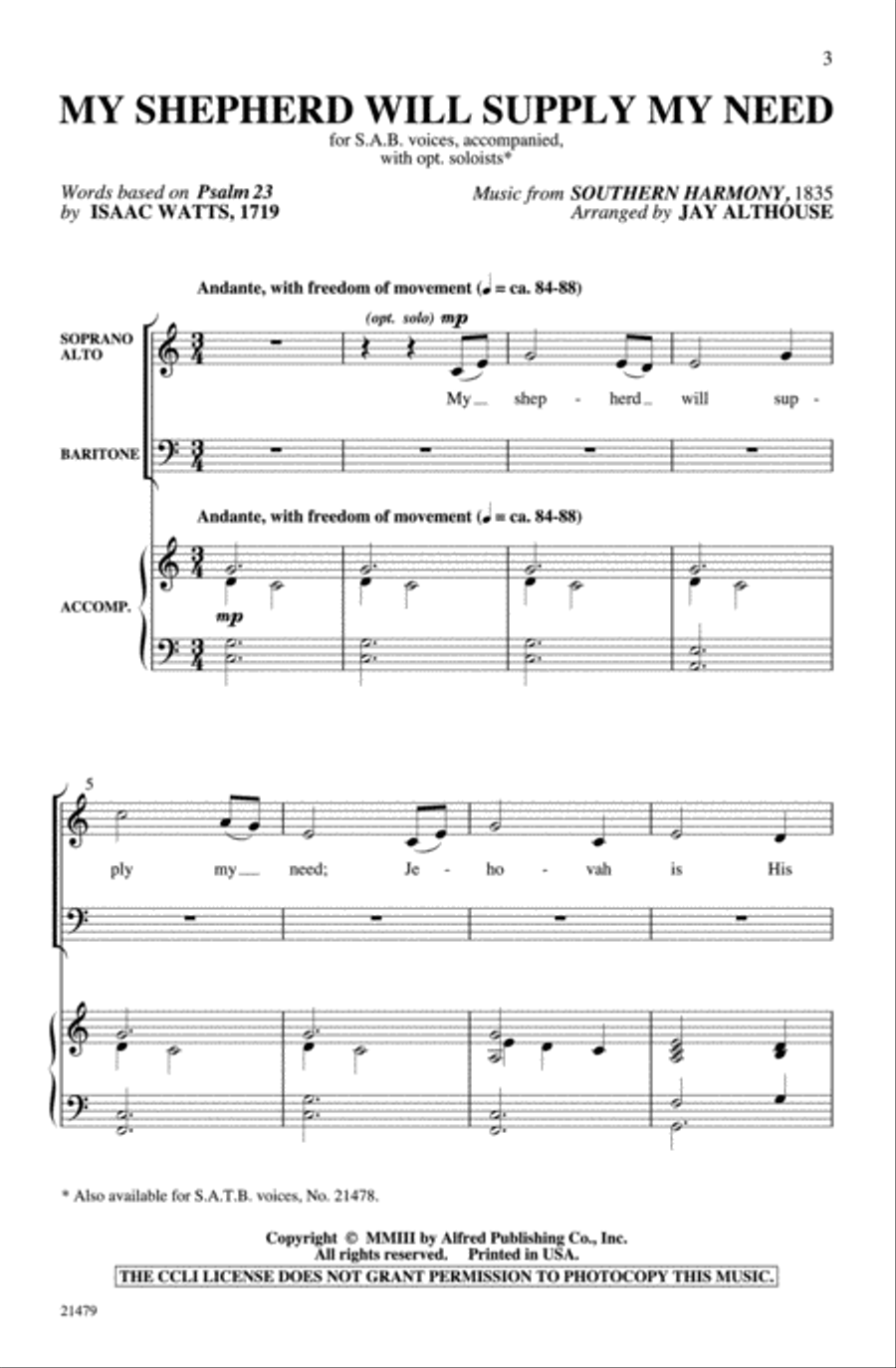 My Shepherd Will Supply My Need 3-Part scores gallery preview page 2
