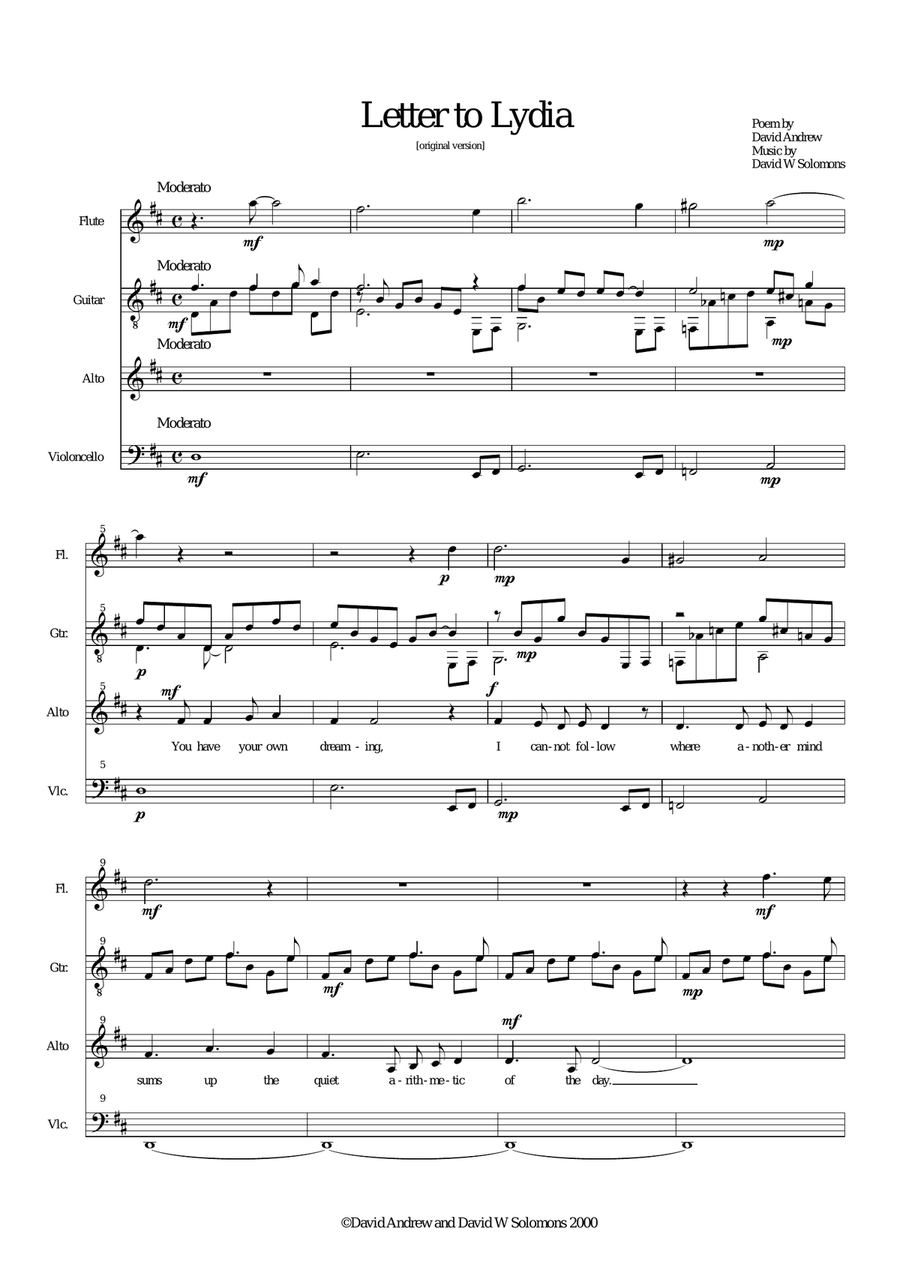 Letter to Lydia for alto voice, flute, cello and guitar (or just alto and guitar) Small Ensemble scores gallery preview page 1