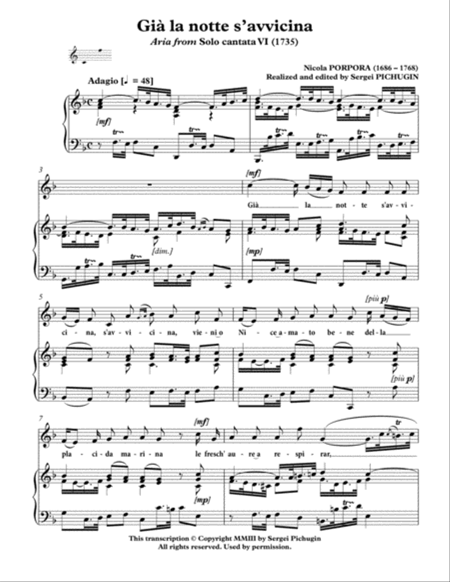 PORPORA Nicola: Già la notte s'avvicina, aria from the cantata, arranged for Voice and Piano (F maj