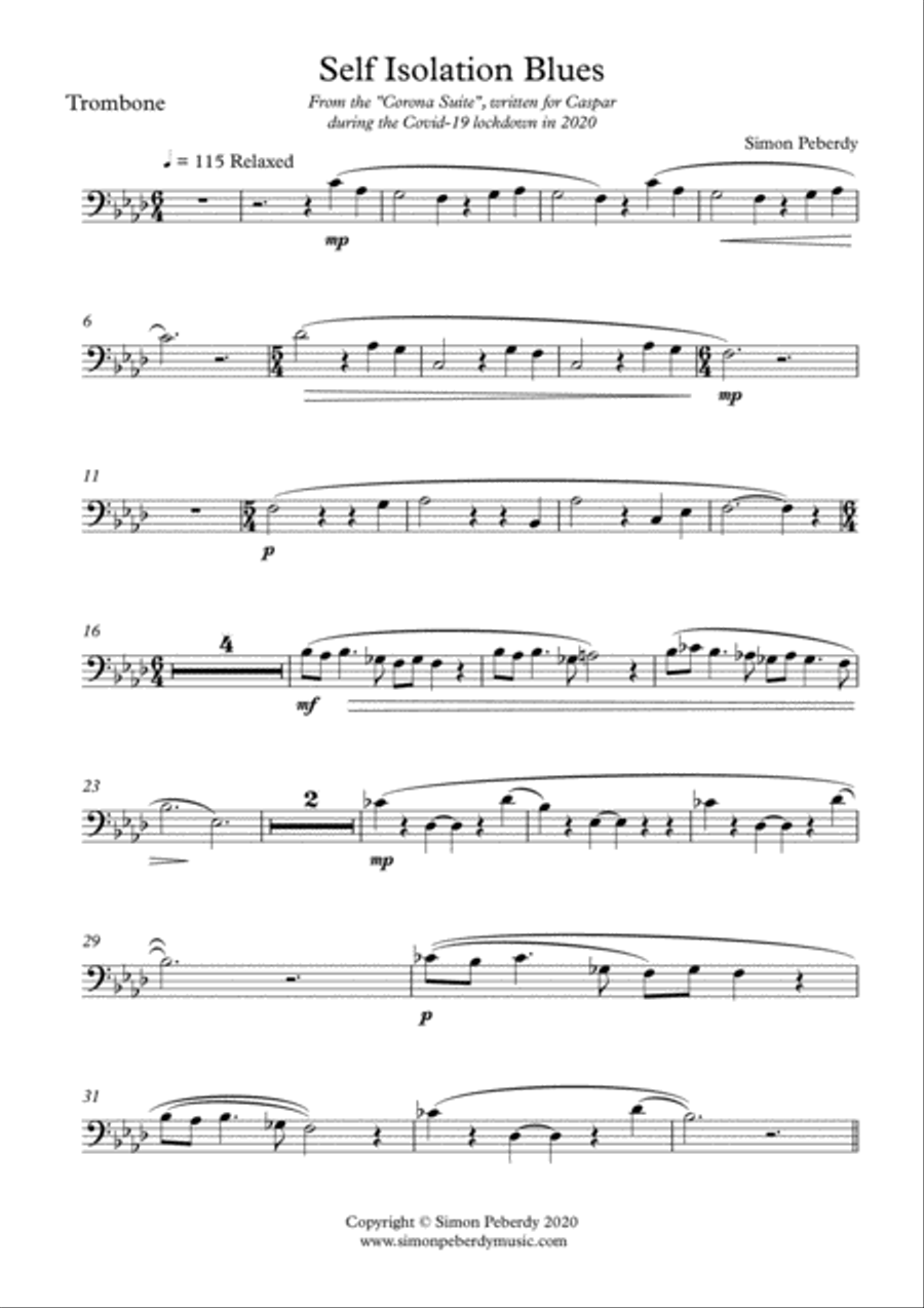 Self Isolation Blues for Trombone and Piano from the Corona Suite by Simon Peberdy image number null