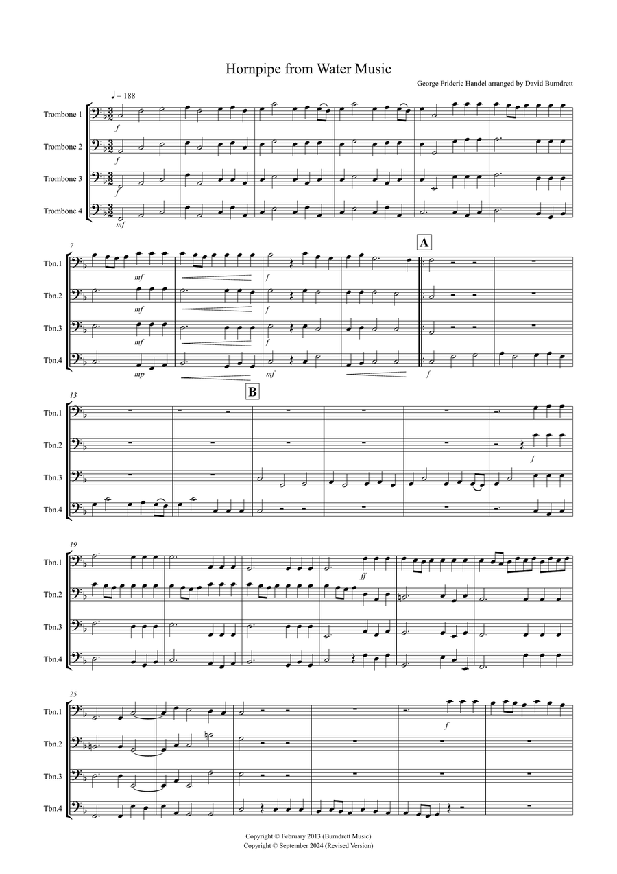 Hornpipe from Handel's Water Music for Trombone Quartet Small Ensemble scores gallery preview page 1