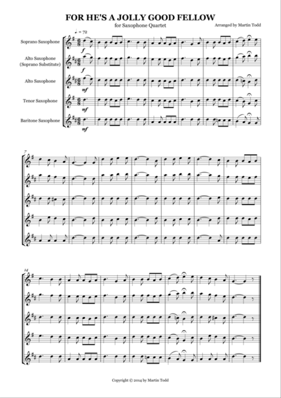 For He's A Jolly Good Fellow for Saxophone Quartet Saxophone Quartet scores gallery preview page 1