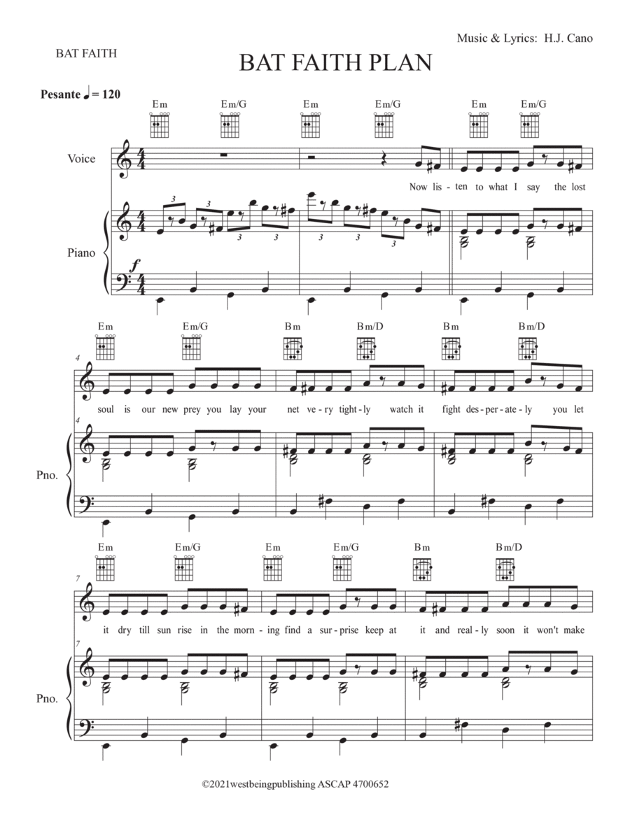 Bat Faith plan Piano, Vocal, Guitar scores gallery preview page 1