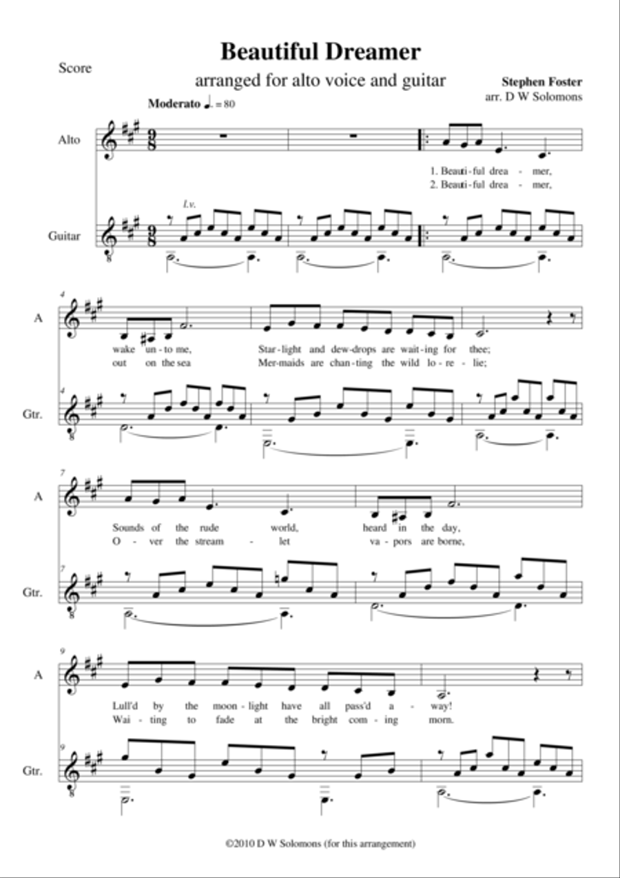 Beautiful dreamer for alto or baritone and guitar Small Ensemble scores gallery preview page 1