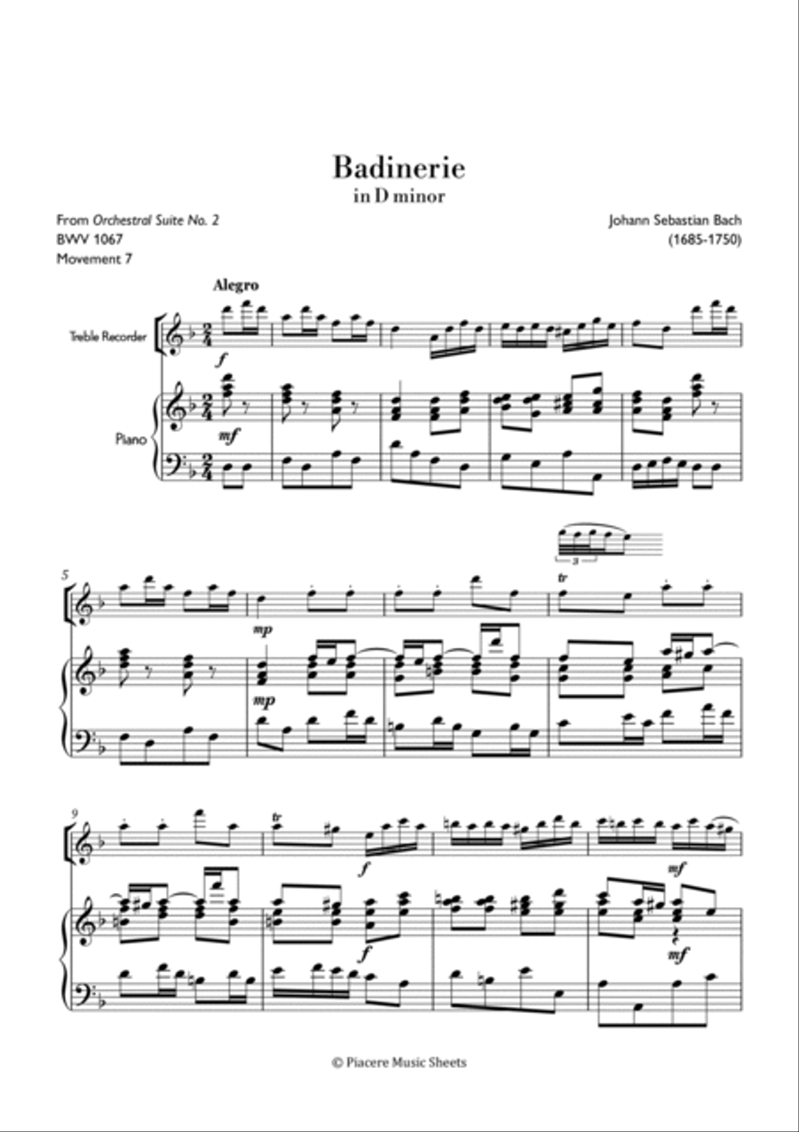 J.S. Bach - Badinerie (from orchestral suite) in D Minor - Intermediate Chamber Music scores gallery preview page 2