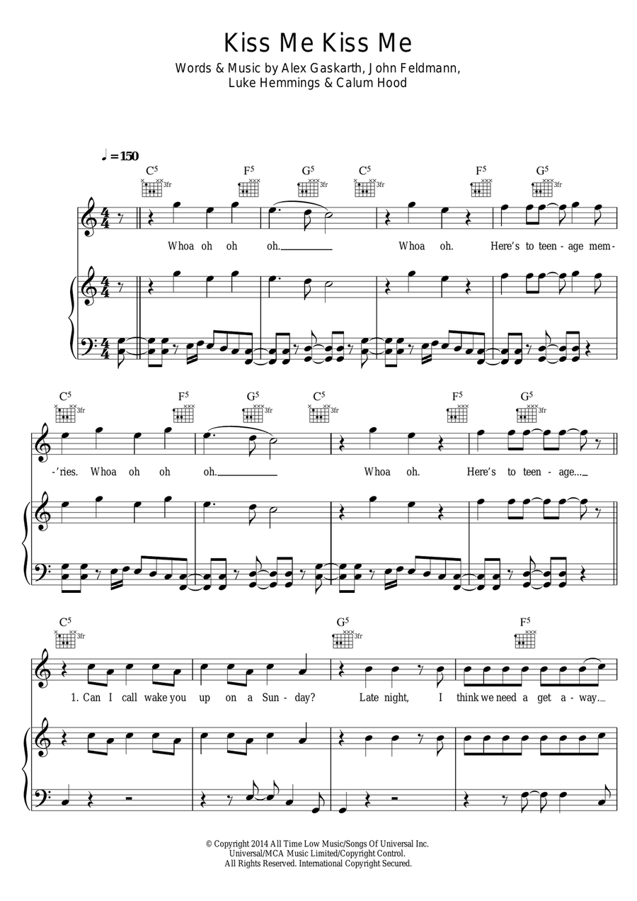 Kiss Me Kiss Me Piano, Vocal, Guitar scores gallery preview page 1