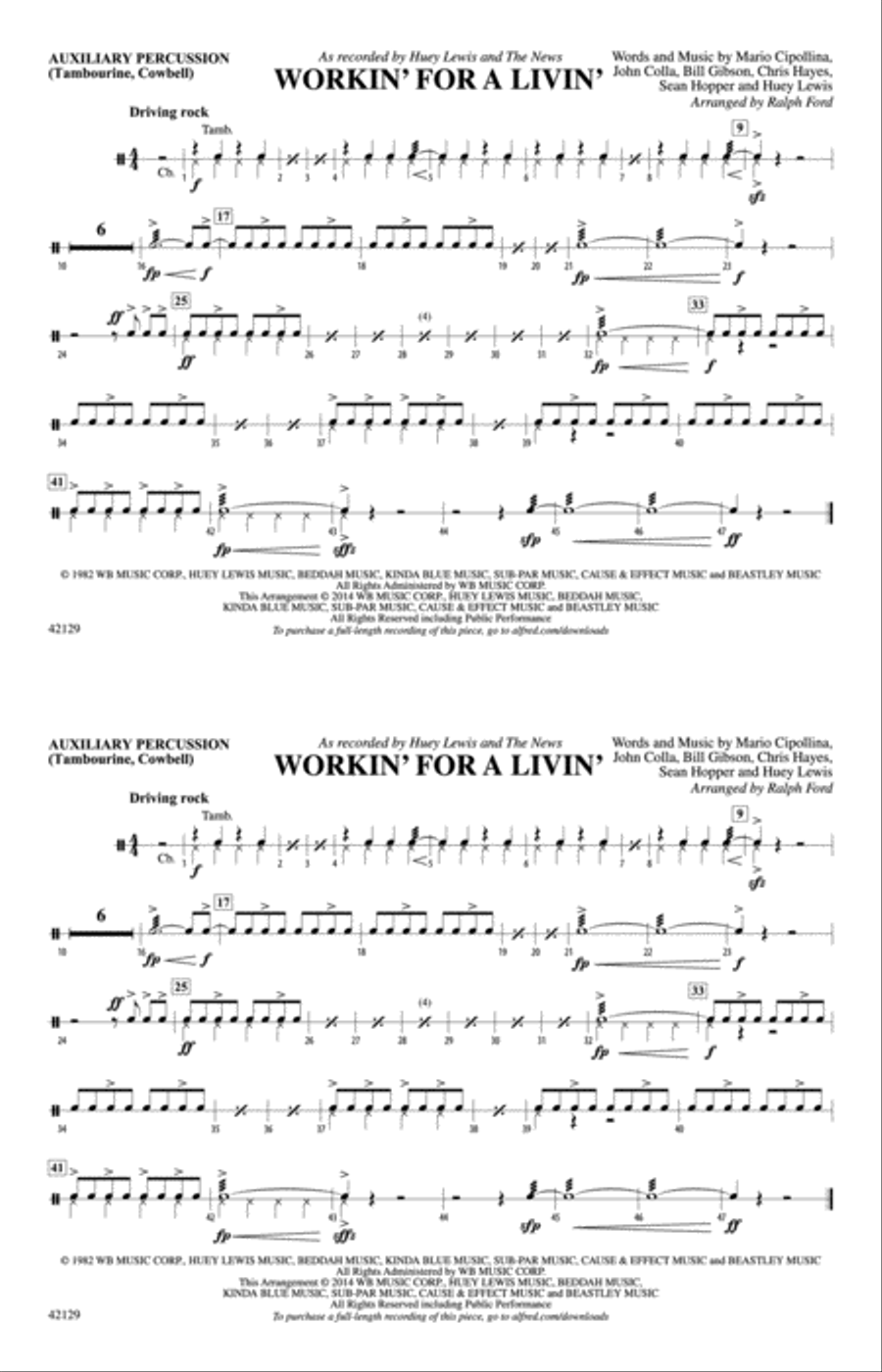 Workin' for a Livin': Auxiliary Percussion Marching Band scores gallery preview page 1