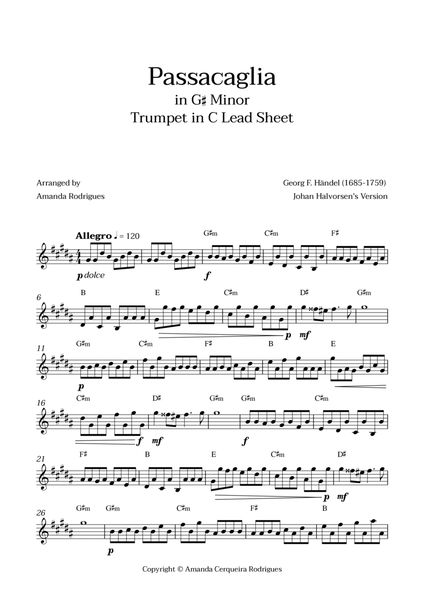 Passacaglia - Easy Trumpet in C Lead Sheet in G#m Minor (Johan Halvorsen's Version) image number null