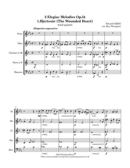 Grieg: 2 Elegiac Melodies Op.34 No.1 “Hjertesår” (The Wounded Heart) - wind quintet image number null