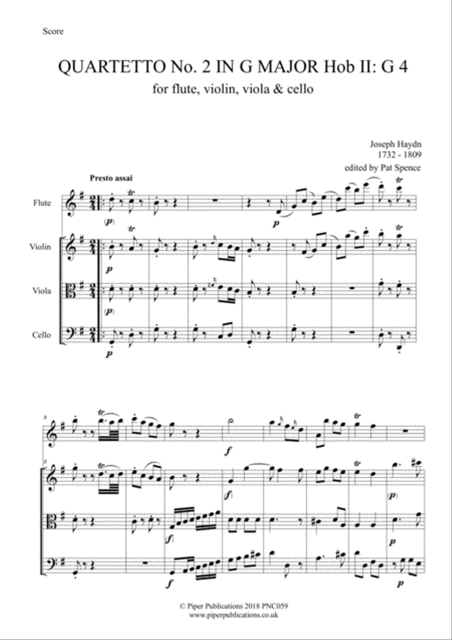 HAYDN QUARTETTO No. 2 in G MAJOR Hob II: G4 for flute & strings Small Ensemble scores gallery preview page 2