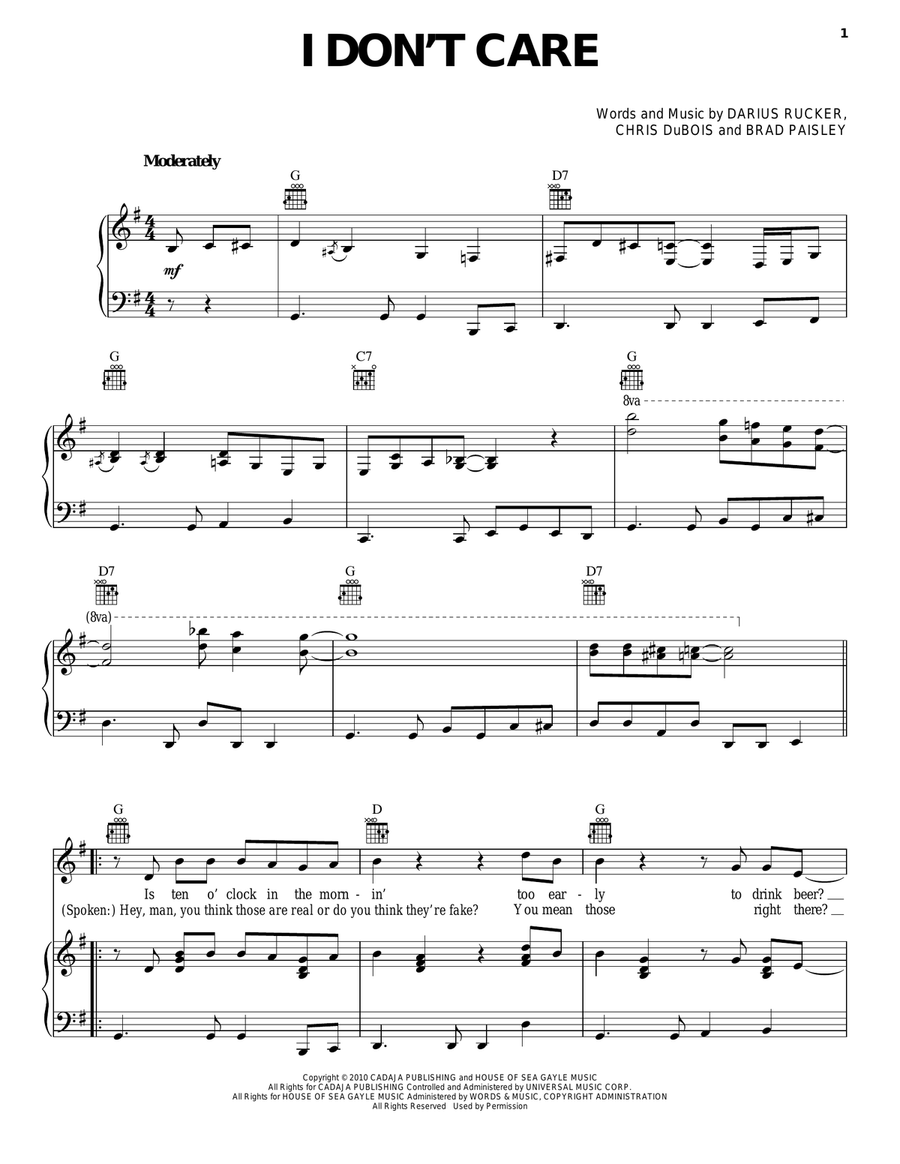 I Don't Care I Don't Care Piano, Vocal, Guitar scores gallery preview page 1
