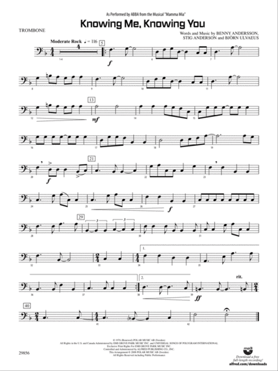 Knowing Me, Knowing You (As performed by ABBA from the musical Mamma Mia): 1st Trombone Concert Band scores gallery preview page 1