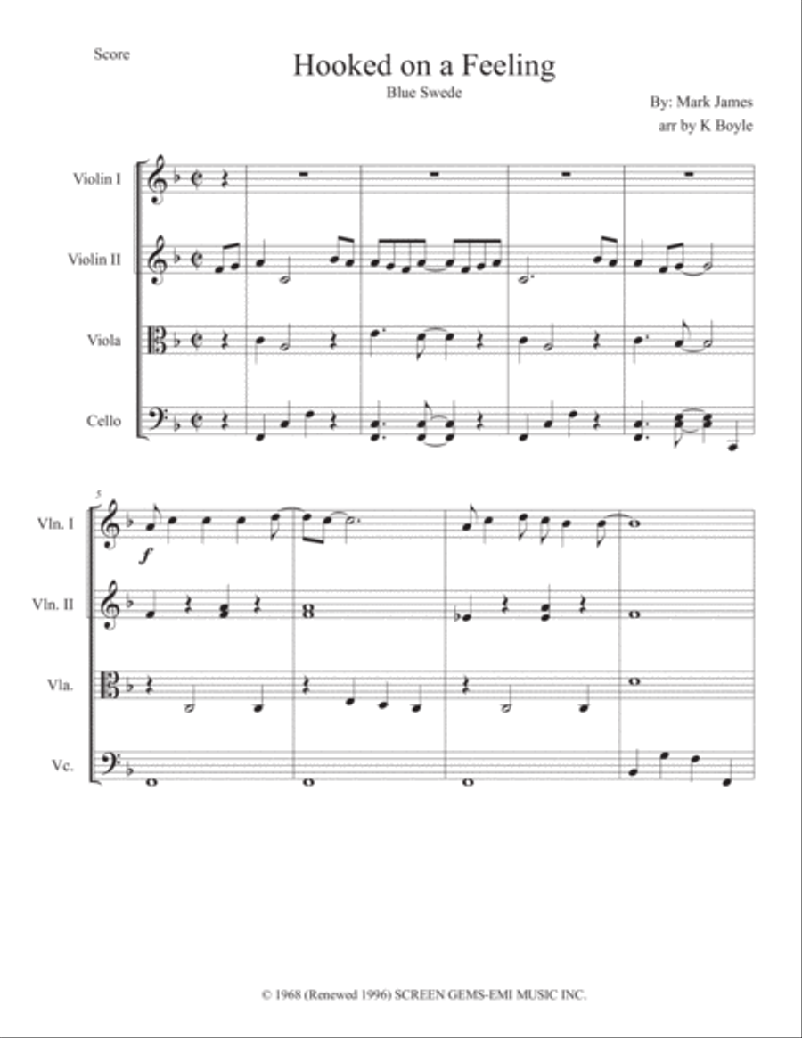 Hooked On A Feeling String Quartet scores gallery preview page 1