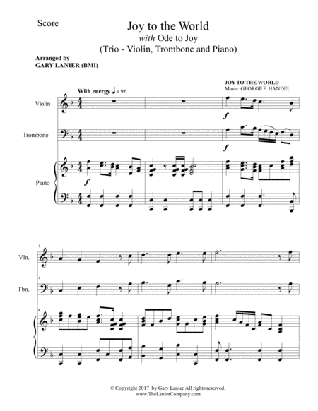 JOY TO THE WORLD with ODE TO JOY (Trio - Violin, Trombone with Piano & Score/Parts) image number null