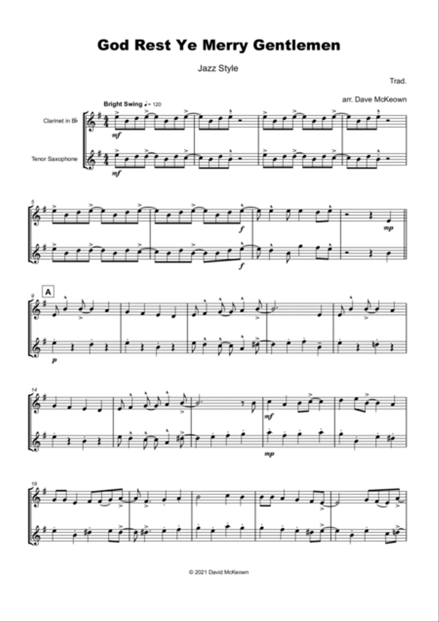 God Rest Ye Merry Gentlemen, Jazz Style, for Clarinet and Tenor Saxophone Duet