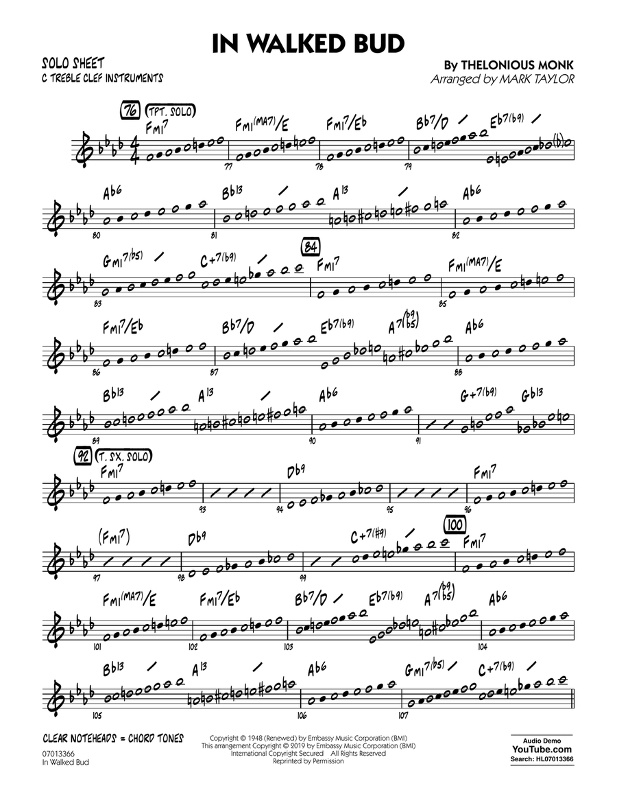 In Walked Bud (arr. Mark Taylor) - C Solo Sheet
