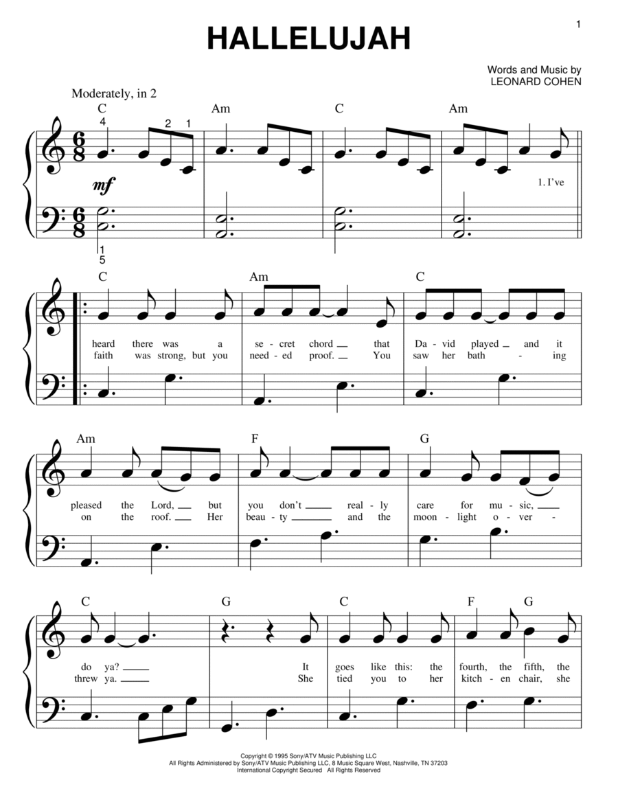 Hallelujah by Leonard Cohen Easy Piano Digital Sheet Music