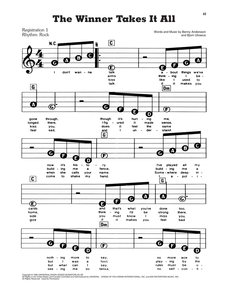 The Winner Takes It All (from Mamma Mia!) Electronic Keyboard scores gallery preview page 1